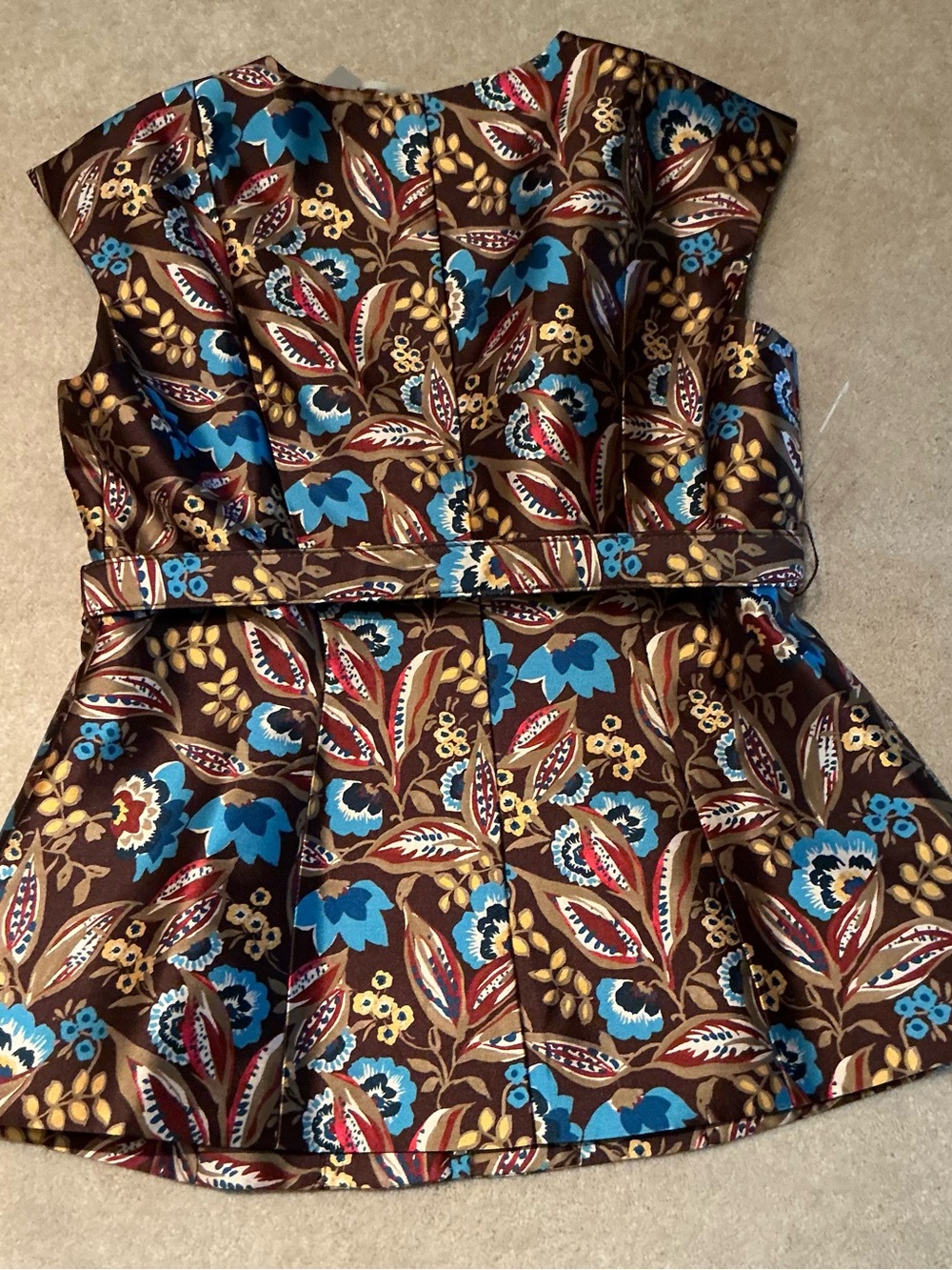 Preston & York Brown Floral Cap-Sleeve Belted Top with Blue Accents - Picture 3 of 8